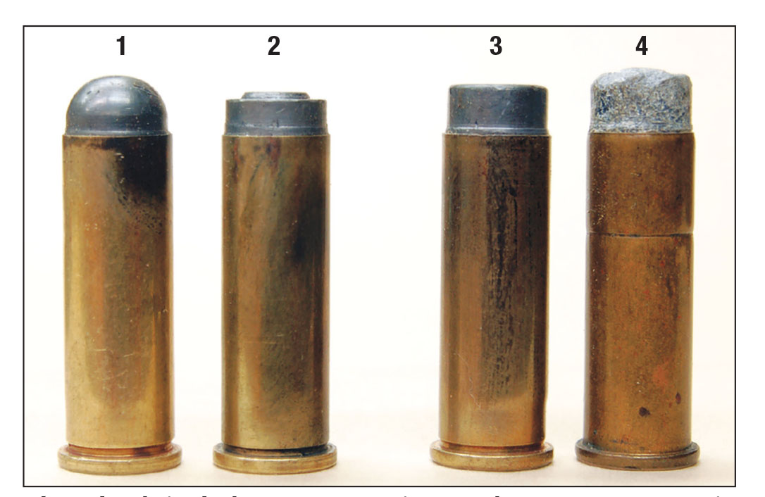 These loads include a (1) 110-grain roundnose, a (2) 123-grain wadcutter used for gallery shooting, a (3) 140- and a (4) 150- grain wadcutter for 25- and 50-yard revolver competitions.
